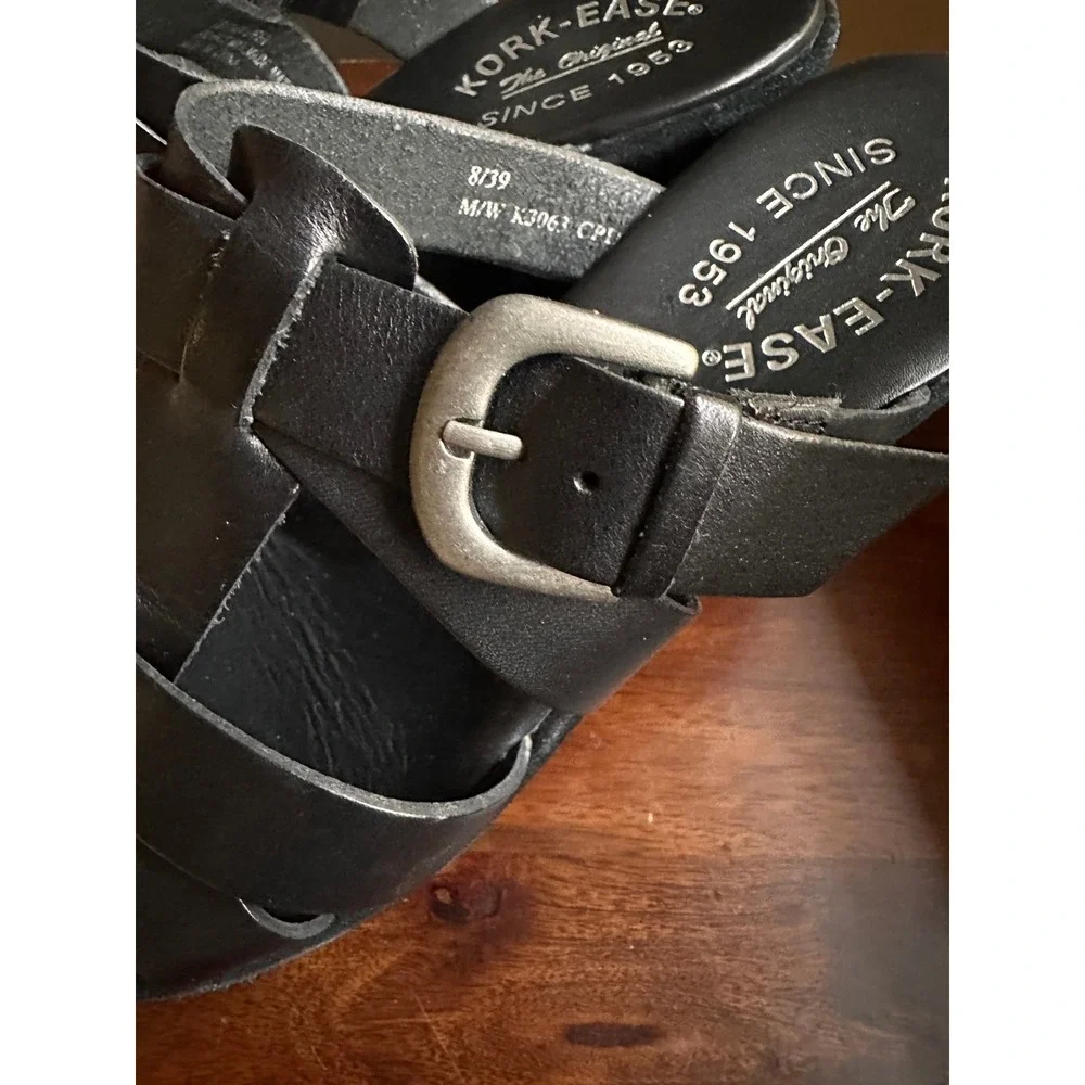 Kork-Ease Black Leather Strappy Platform Block Heel Sandals K3063 Size 8/39